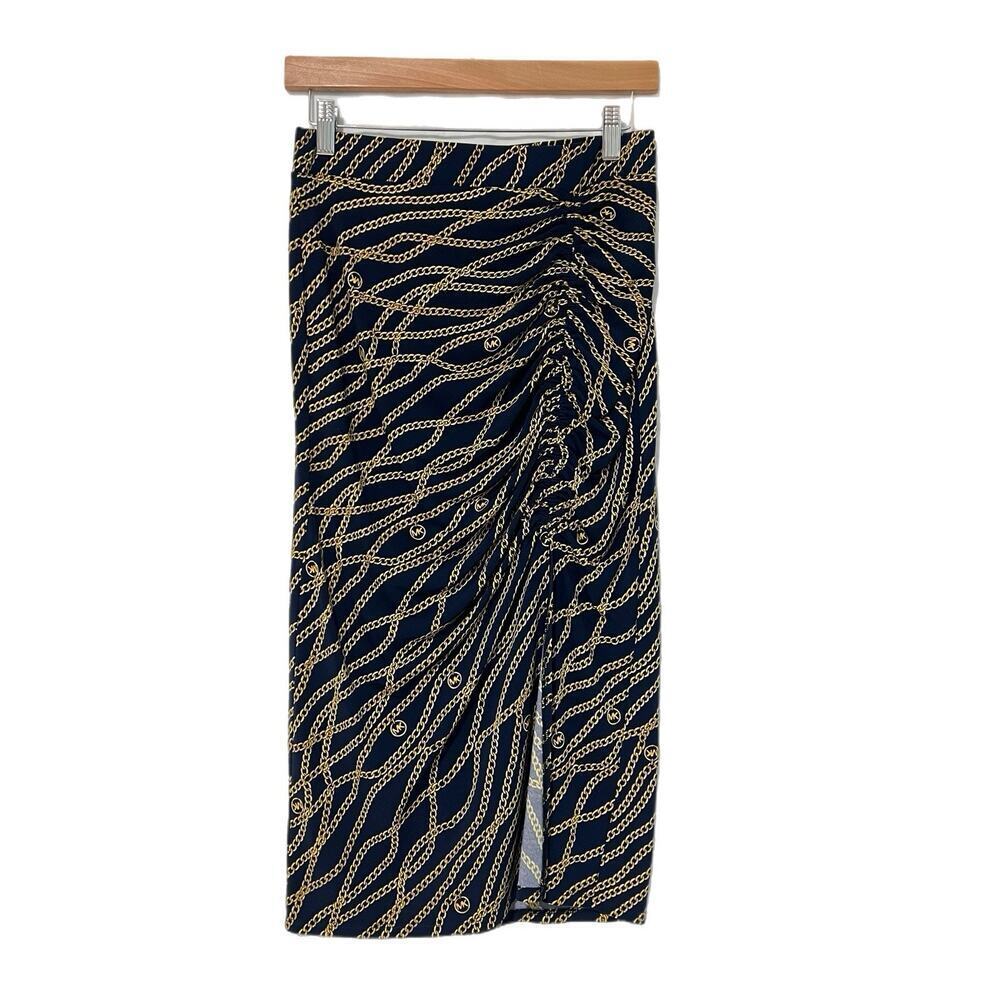 MICHAEL KORS Midi Skirt Small Logo Chain Print Blue Gold Ruched Side Slit Stretc